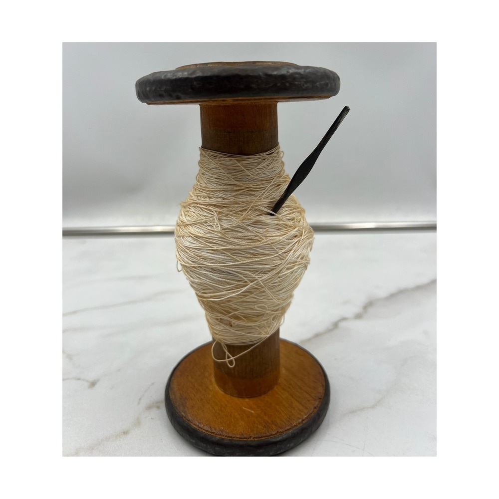 Antique Industrial Wood Textile Bobbin Spool with Metal Ends and Thread 7in